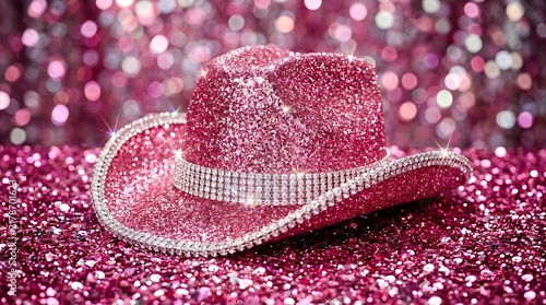 Sparkling pink cowboy hat covered in glitter and adorned with rhinestones resting on a shimmering sequined surface for parties.