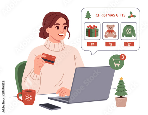 Woman Online Shopping for Christmas Gifts on Laptop. Holiday E-Commerce Lifestyle Illustration.
