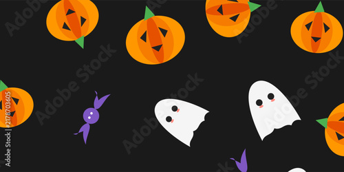 Halloween spooky pattern with cute pumpkins ghosts and candy background