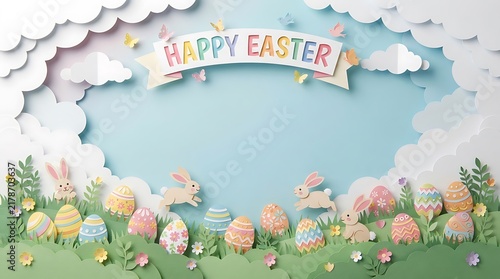 Colorful paper cut easter scene with eggs flowers and a happy greeting