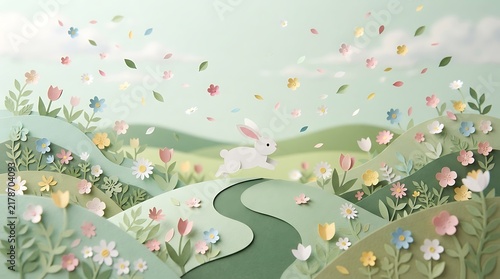 Peaceful landscape illustration with a winding river and falling leaves in soft colors