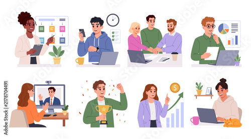 Business and Work Lifestyle Illustration Set. Featuring Teamwork, Project Management, Remote Work, Online Meeting and Career Growth. 