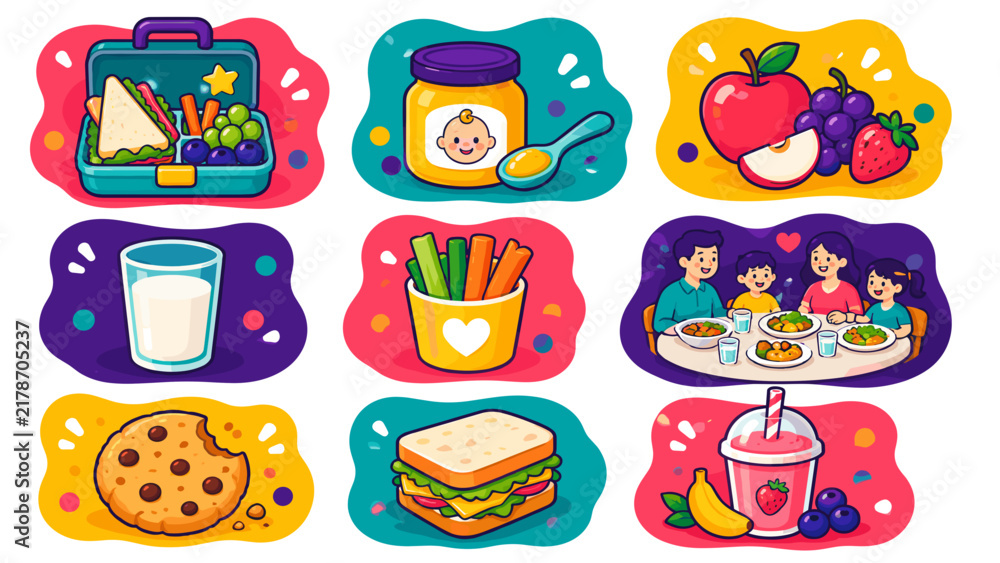 Fototapeta premium Bright, playful icons show healthy foods and meals. Children's lunchbox, fruit, milk, cookie, sandwich, juice, and family dining. Each item has cheerful, rounded edges and bold colors