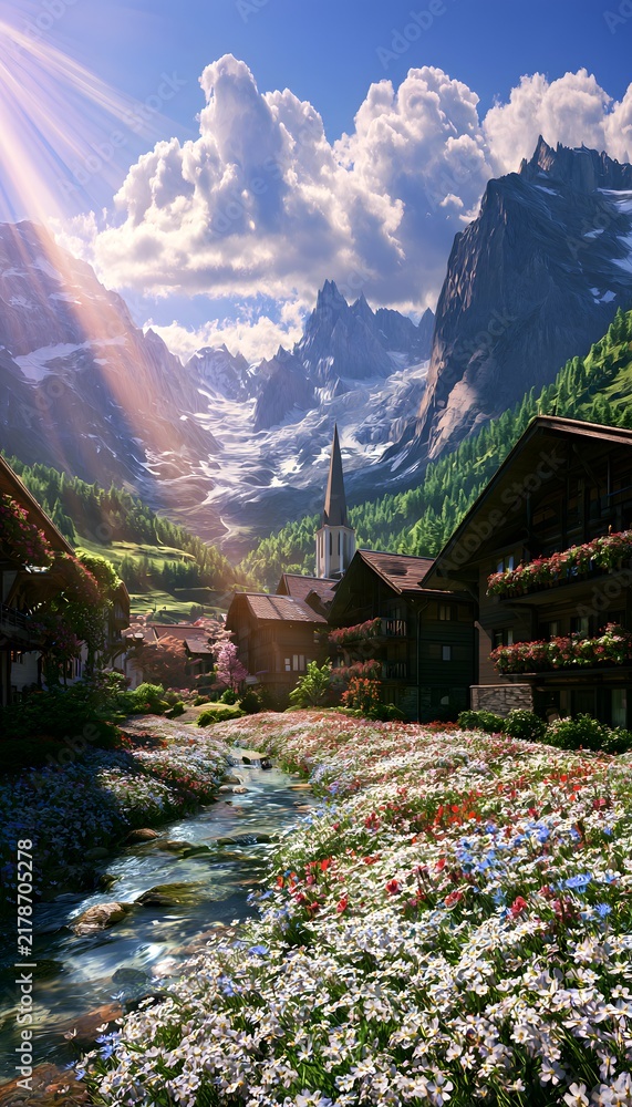 Obraz premium Serene alpine village with rustic wooden chalets nestled under snowy peaks and vibrant wildflowers