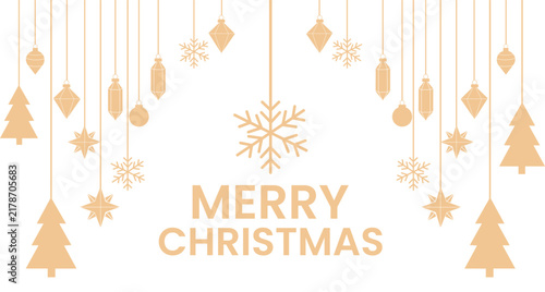Christmas gold greeting card design, Merry christmas text with hanging ornaments and trees illustration Vector