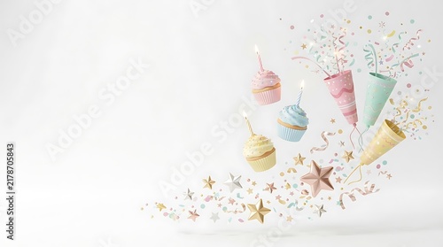 Abstract explosion of colorful cosmetic products on a clean white background