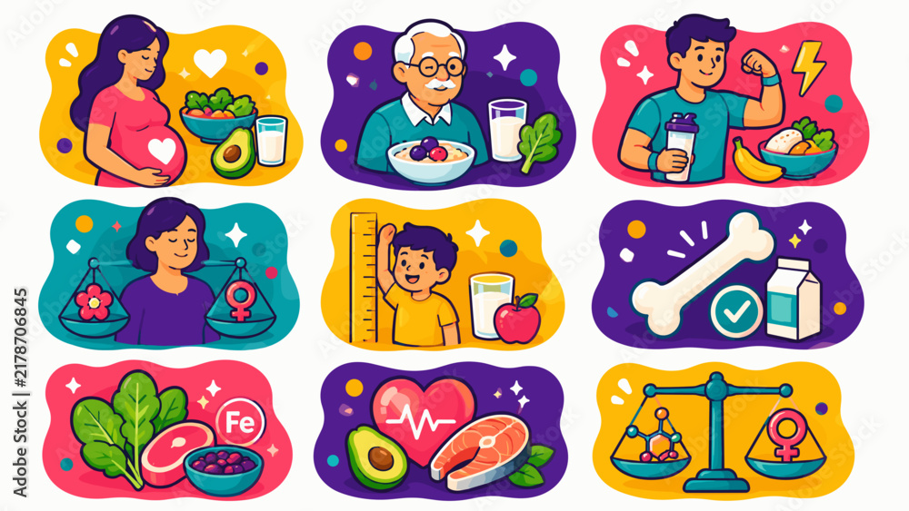 Fototapeta premium Illustration shows diverse nutrition-themed scenes. Each panel depicts people with healthy foods or supplements. Women, men, and children appear happy or engaged. Icons suggest pregnancy, growth