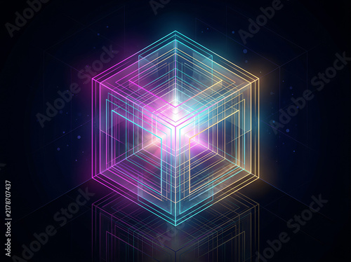 Abstract Glowing Neon Geometric Cube Futuristic Quantum Computing Technology Blockchain Data Structure Artificial Intelligence Network Background
