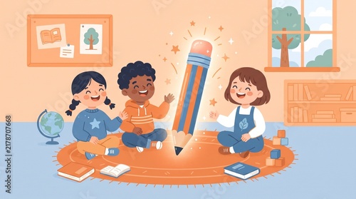 Diverse Students Laughing Together Around Giant Glowing Pencil Flat Illustration