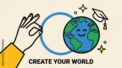 Creative Education Concept with Hand Drawing Smiling Planet, Stars and Graduation Cap