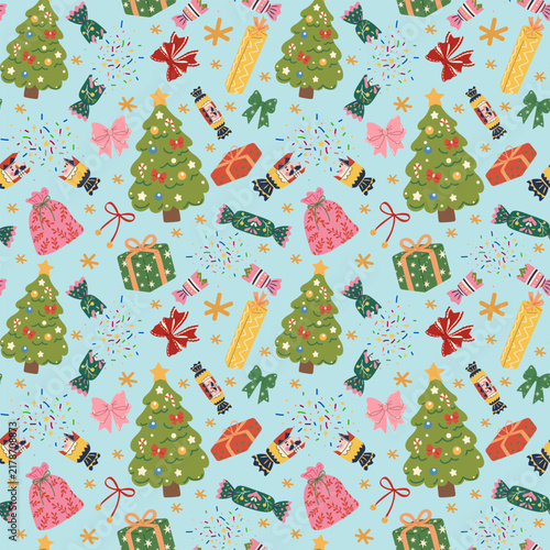 Vector seamless Christmas pattern with festive trees, gifts, candy, nutcrackers, bows and confetti on dark blue background. Holiday design for wrapping paper, fabric and textile