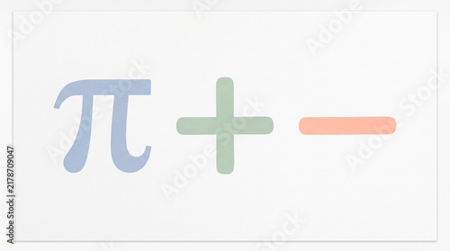Simple graphic illustration, mid-century modern style, of stylized math symbols (pi, plus, minus), soft pastel palette, plain white background.