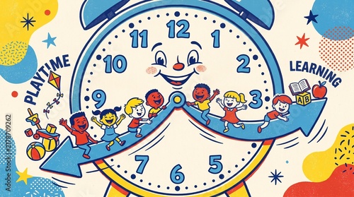 Giant Smiling Clock with Children Moving from Playtime to Learning Time Retro Cartoon Illustration