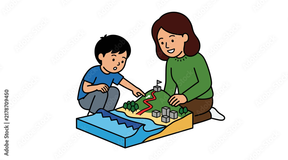 Fototapeta premium Mother and Son Studying a Diorama Map