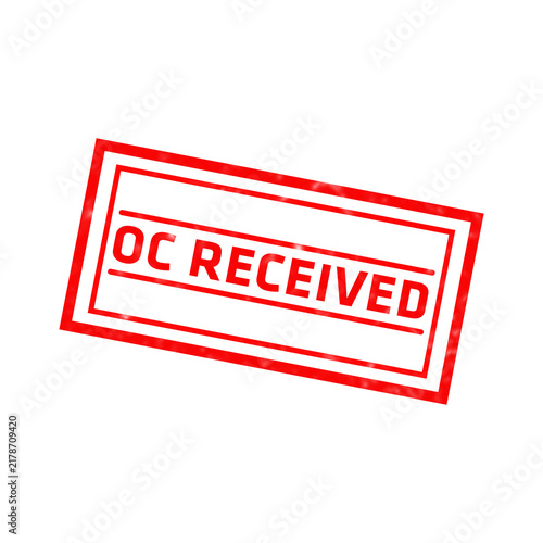 A bright red rubber stamp mark with the words oc received written in bold capital letters inside a rectangular frame on a black background isolated on a transparent background