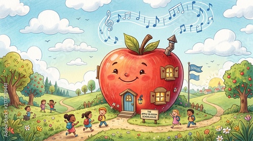 Smiling Red Apple Schoolhouse with Musical Note Chimney and Fluffy Clouds Whimsical Illustration