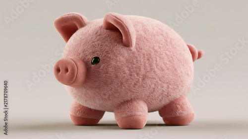 Pink plush piggy bank toy stands on a neutral background