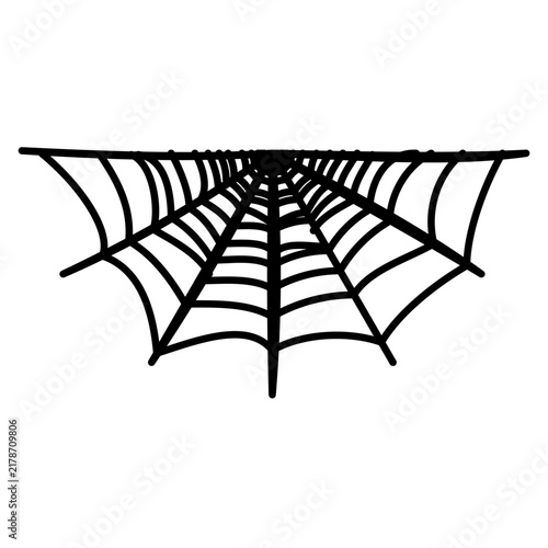 Flat vector illustration of a black half spider web silhouette isolated on white background. Minimalist creepy cobweb top border decoration for Halloween poster, spooky banner, and horror UI.