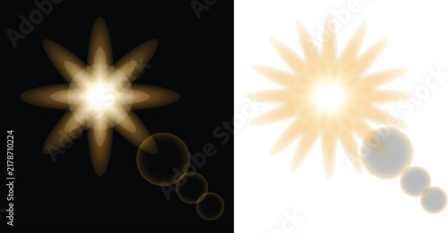 Golden star lens flare effect with light circles on black and white backgrounds
