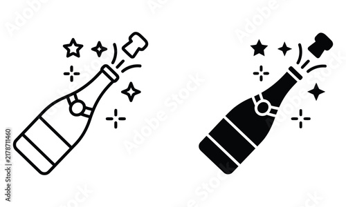 Champagne bottle popping with sparkles icon
