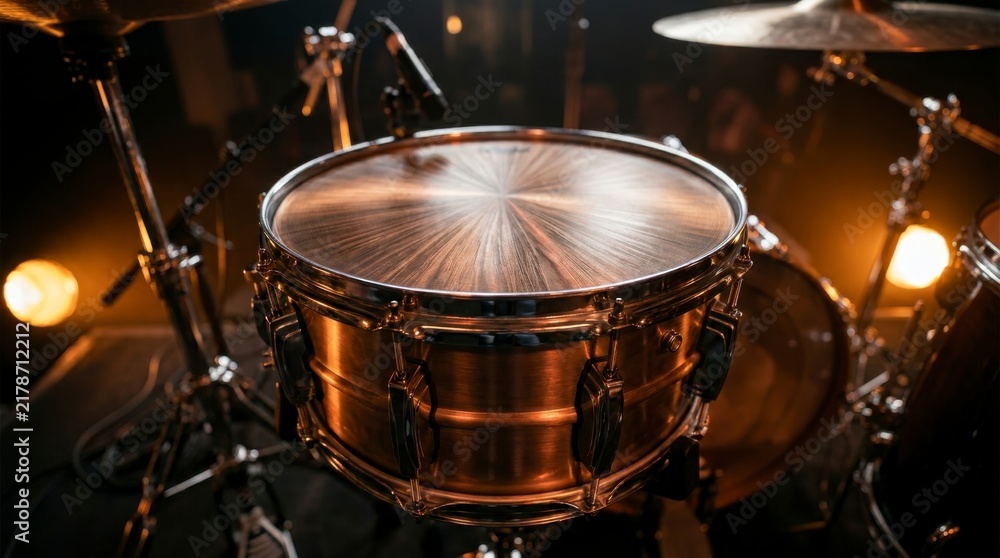 Obraz premium Close-up of a shiny snare drum on a drum kit with warm stage lighting in a dark setting, concept of musical performance and entertainment