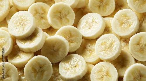 Sliced bananas arranged closely together a bright yellow food background