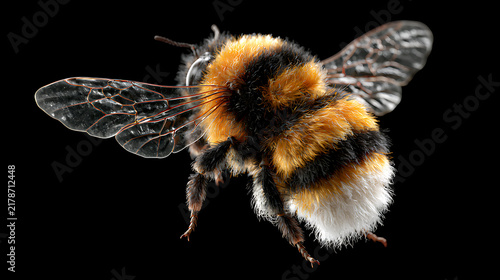 Isolated bumblebee in flight with outstretched wings against a black background