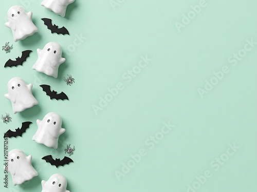 Spooky Halloween Background with Cute Ghosts and Bats