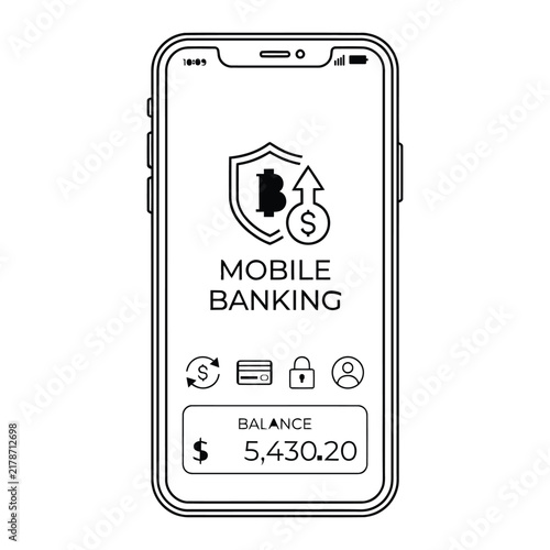 Mobile Banking App Interface with Bitcoin Wallet and Secure Balance Display Line Icon