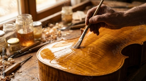 Close-up of a luthier's hand applying varnish to a wooden cello in a workshop with wood shavings and tools