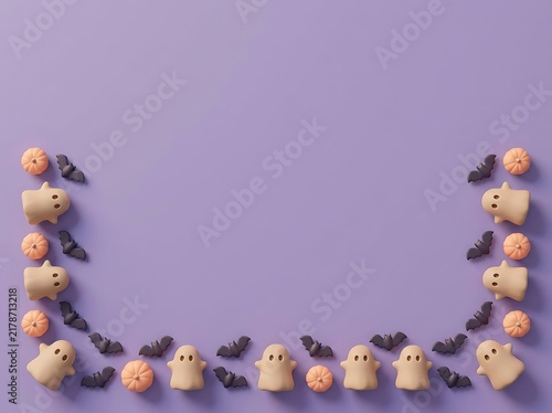 Halloween purple background with ghosts and bats