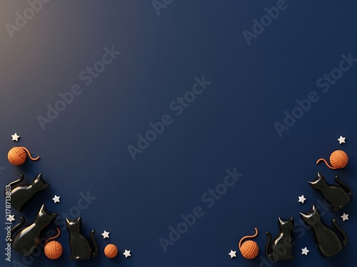 Halloween background with black cats and orange yarn