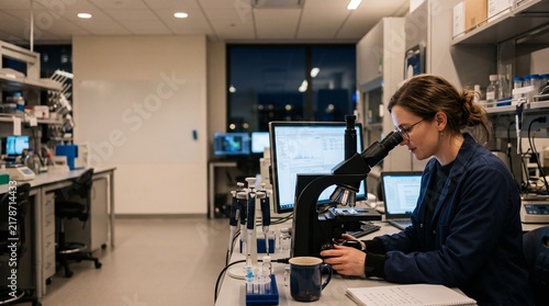 Modern scientific laboratory or workspace featuring a microscope and computer equipment with professional lighting and copy space.