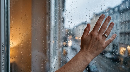 Close-up of a person's hand touching a rainy window pane covered in droplets against a blurred urban background with copy space.