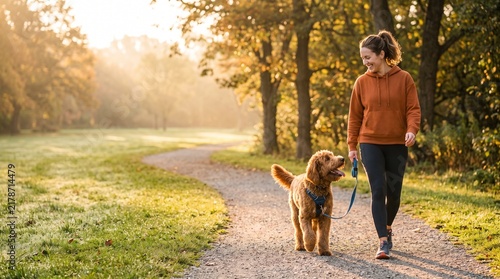 Person walking with a fluffy dog along a sunny park pathway framed by autumn trees with warm morning light and copy space.