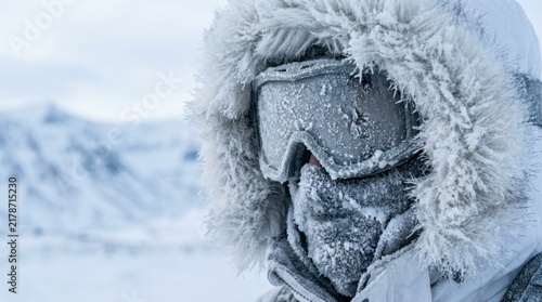 Close-up of a person in a white fur-lined winter coat and snow-covered goggles in a cold, snowy landscape
