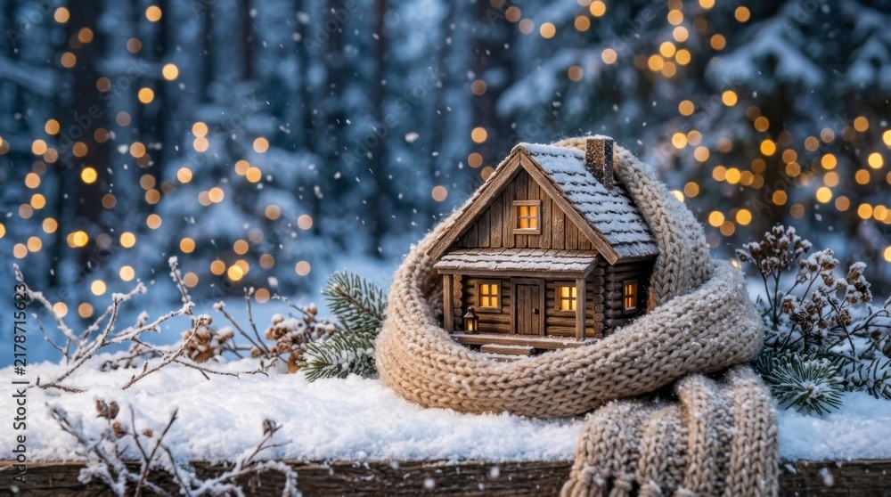 Fototapeta premium Cozy miniature wooden house wrapped in a warm knitted scarf during a snowy winter night with glowing bokeh lights