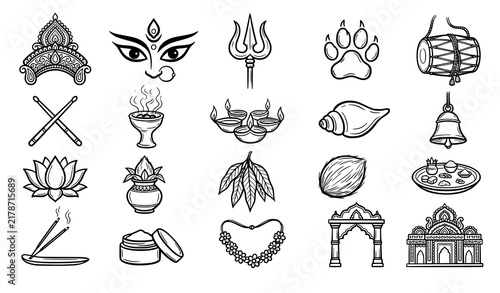 Hand Drawn Hindu Durga Festival 20 Outline Icons Collection with Puja Ritual Objects and Sacred Symbols