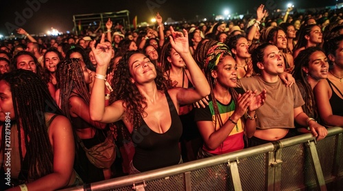 Vibrant Live Reggae Concert Atmosphere and Audience  Banner. Diverse Crowd Dancing and Cheering at Outdoor Reggae Music Festival