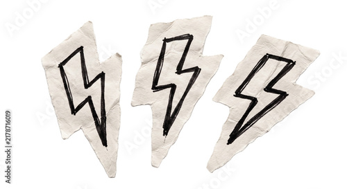 Three hand drawn lightning bolt icons sketched on ripped paper sheets for energetic graphic design accents or comic book style effects.