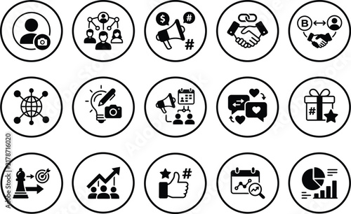Set of fifteen business and marketing icons in circular frames representing strategy growth and professional corporate communication
