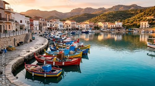 Traditional fishing harbor with colorful boats at sunset in a Mediterranean coastal town.