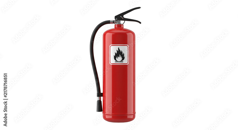 Obraz premium Red fire extinguisher cylinder with black hose and flame safety label isolated on transparent background for emergency preparedness.