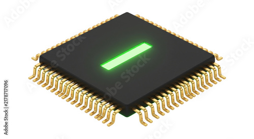 Plakat Black cpu chip with vibrant green light on top, representing processing power, advanced computing, or artificial intelligence solutions.