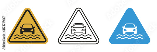 Set of road warning signs depicting a car on wavy water representing slippery road conditions with sign