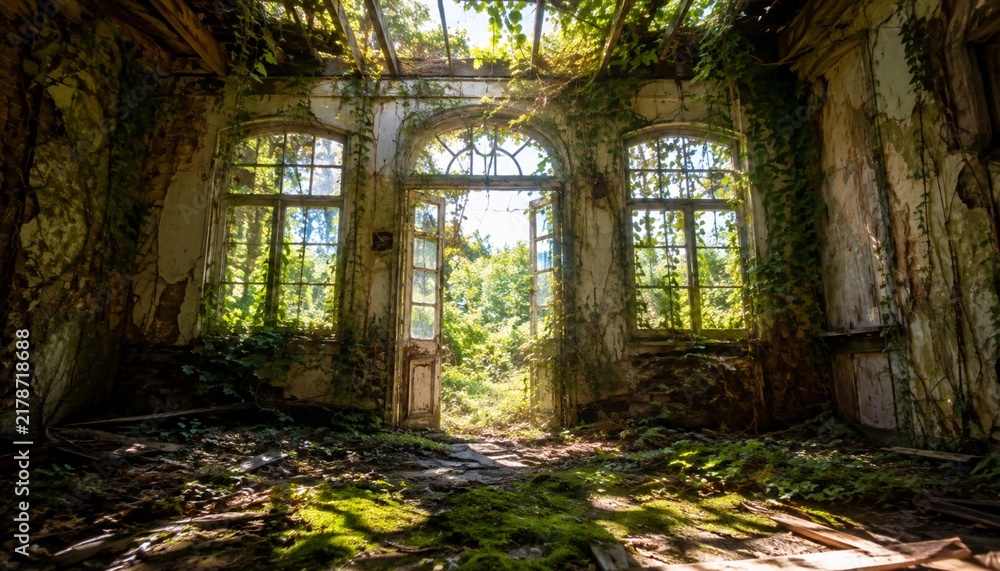 Fototapeta premium Abandoned interior reclaimed by ivy and sunlight