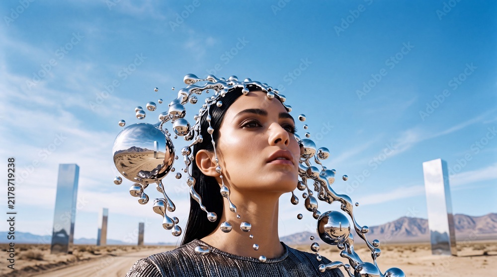Futuristic Woman Wearing Liquid Chrome Headpiece in Desert