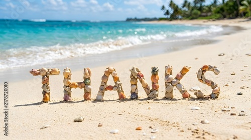 A serene and picturesque thanksgiving scene unfolds on a tropical beach where the word 'thanks' is elegantly written in the sand evoking gratitude and