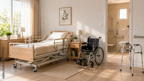 Plakat w ramie Accessible Hospital Room with Wheelchair and Medical Bed for Senior Care
