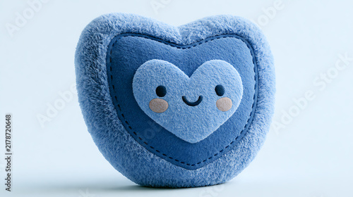 Blue plush shield toy with heart design rests on a light surface